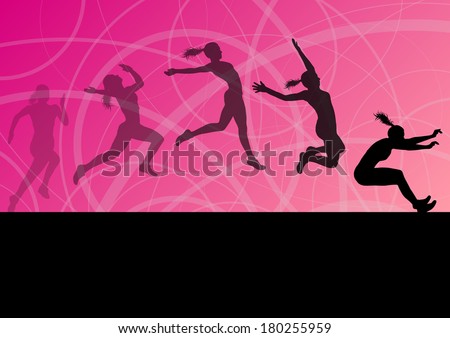 Woman girl triple long jump flying active sport athletic silhouettes illustration collection background vector