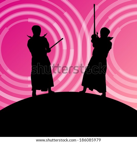 Active japanese kendo sword martial arts fighters sport silhouettes abstract illustration background vector