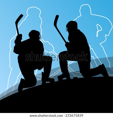 Active young men hockey players sport silhouettes in winter ice abstract background illustration vector