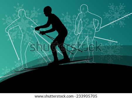 Active young men skiing sport silhouettes in winter ice and snowflake abstract background illustration vector