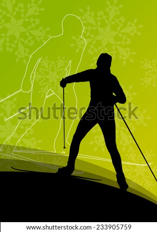 Active young men skiing sport silhouettes in winter ice and snowflake abstract background illustration vector