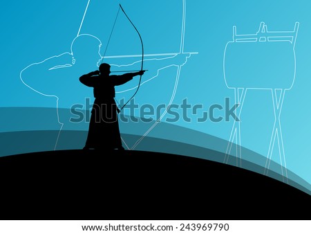 Active japanese kendo sport kyudo archer martial arts fighter bow silhouette abstract illustration background vector