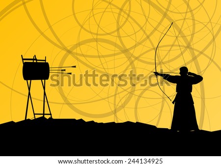Active japanese kendo sport kyudo archer martial arts fighter silhouette in abstract illustration background vector