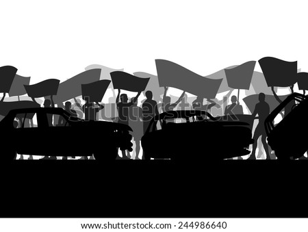 Protesters angry people crowd with posters and flags in abstract riot landscape background illustration