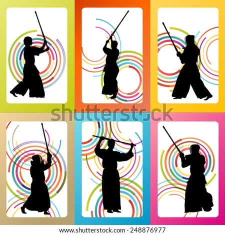 Active japanese Kendo sword martial arts fighters sport silhouettes set vector