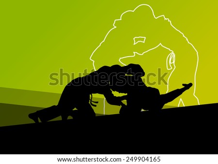 Judo fight active young boy martial arts sport silhouettes abstract background illustration vector