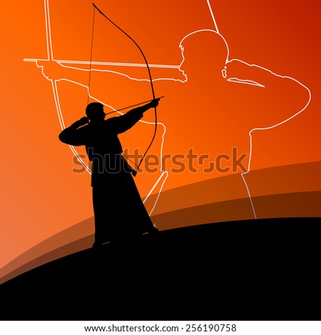 Active japanese kendo sport kyudo archer martial arts fighter bow silhouette abstract illustration background vector