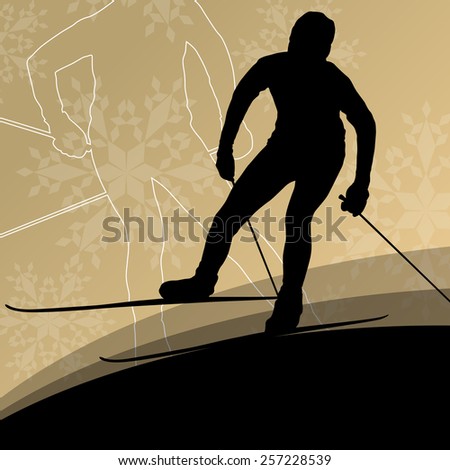 Active young men skiing sport silhouettes on winter ice and snowflake abstract background