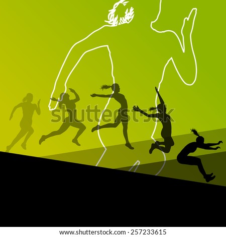 Woman girl triple long jump flying active sport athletic silhouettes illustration