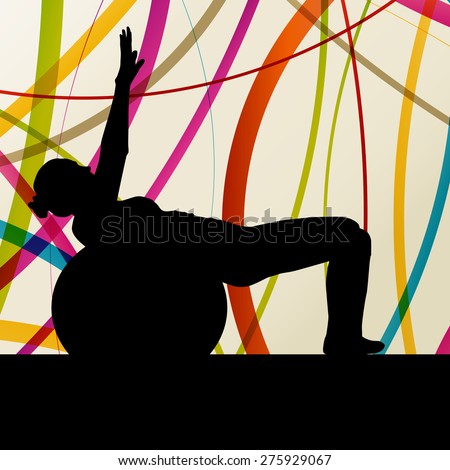Woman with ball fitness, sport, training and making exercise in gym vector abstract background concept