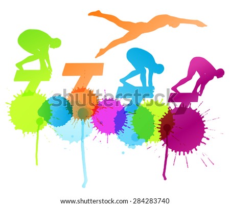 Active young swimmers diving and swimming in water sport abstract pool silhouettes vector background illustration concept with splashes