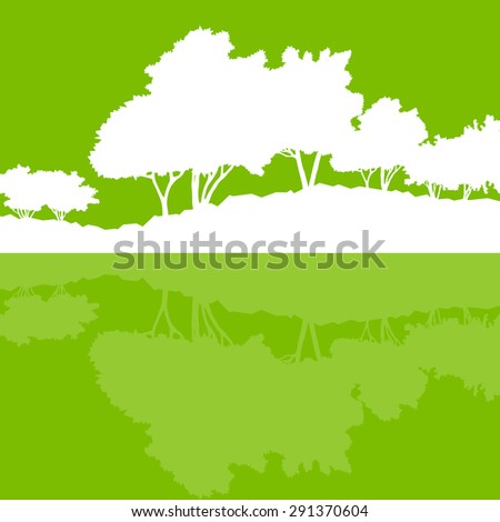 Forest trees wild nature silhouettes landscape illustration background vector ecology concept with abstract reflection in water
