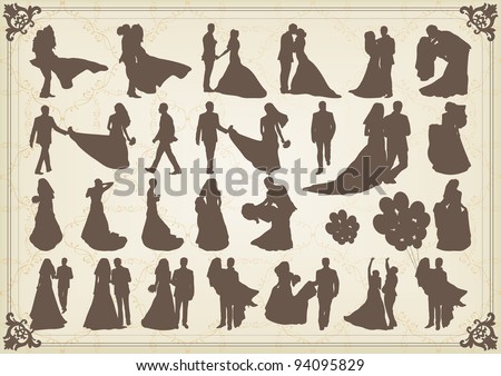 stock vector Bride and groom in wedding silhouettes illustration 