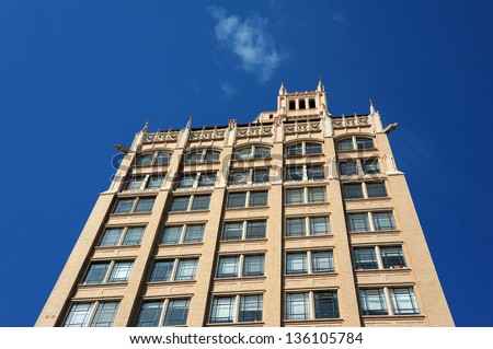 First skyscraper in western North Carolina, the Jackson Building is 15 stories high with an observation tower.  Style is Neo-Gothic with grotesques extending from corners of buildings.
