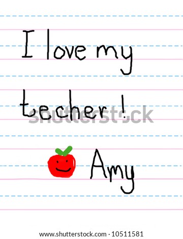 Young child has written a note to her teacher on a pimer tablet with blue dotted lines and pink straight lines.  She has drawn an apple with a smile and signed her name Amy.