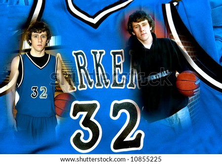 Basketball jersey serves as background for two images of a basketball player before the game and during the game.