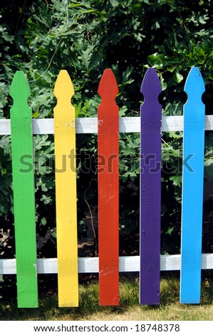 Colorful picket fence makes a great background.  Trees fill in rear of photo.  Each picket is painted a different vivid color.