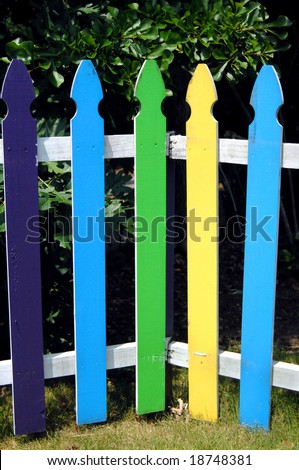 Colorful picket fence makes a great background.  Trees fill in rear of photo.  Each picket is painted a different vivid color.