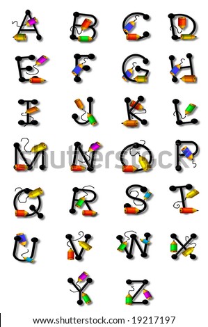 stock photo Alphabet letters AZ are decorated with pencils and lines