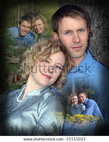 Collage of young couple and their life together.  He is wearing a blue shirt and she a grey shirt.