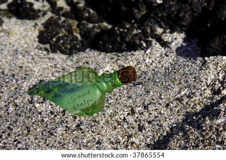 Green bottle has washed ashore and has an urgent note inside it.  Bottle also has water inside it.  Rocky shore with tiny pebbled sand.