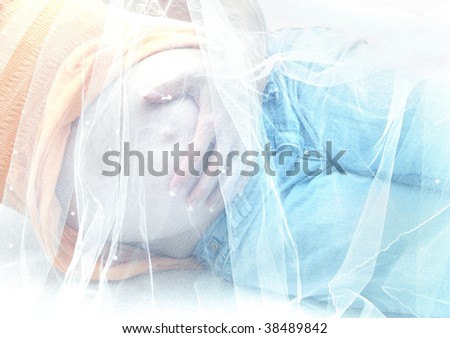 Woman touches her bared stomach and lovingly caresses her unborn child.  All is covered by netting with tiny pearls.