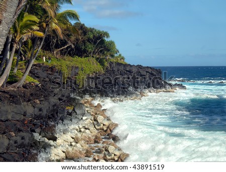 Two men fishing from a cliff on the Big Island of Hawaii, look very small against the tropical trees and rough waters of the windward side of the island.  This beach is south of McKinzie State Park.