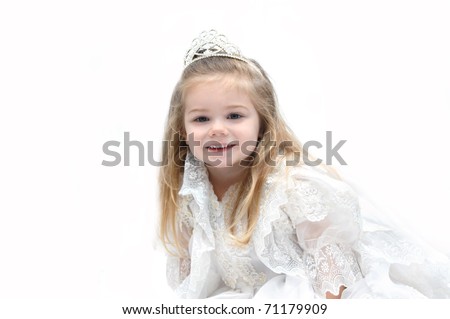 stock photo Little girl wears an elegant wedding dress and crown