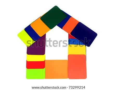 House frame is composed of paint sample cards to represent colors available for repainting your home.