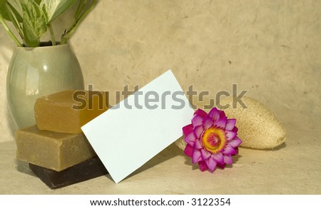 handmade soap and hand carved flower soap and loofah sponge with blank card for text