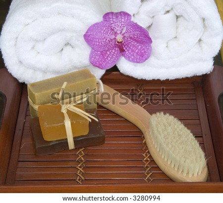 handmade spa soap and natural body brush on bamboo tray