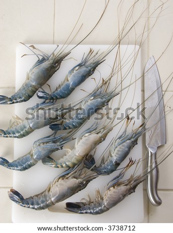 fresh giant prawns or shrimp ready to be grilled or barbecued