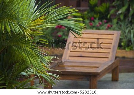 Lounge chair in the rain with palm leaves