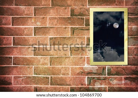 Full moon on wood frame on vintage brick wall background
