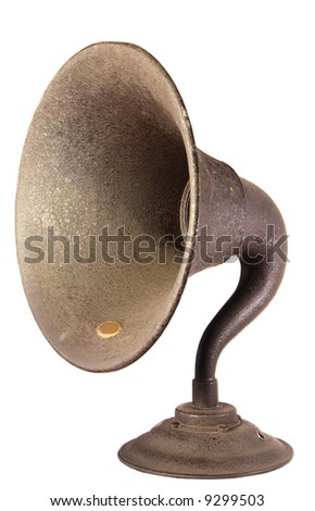 The loudspeaker horn from an early, exposed tube, shelf type  radio set.