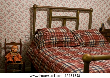 Vintage Brass Beds on Antique Brass Bed Next To Vintage Child S Chair Holding Vintage Clown
