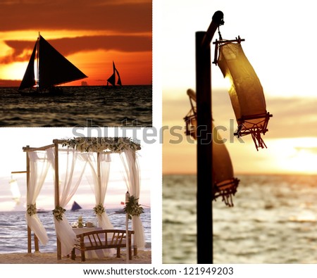 sunset sea set with wedding table, sail boats and paper lanterns