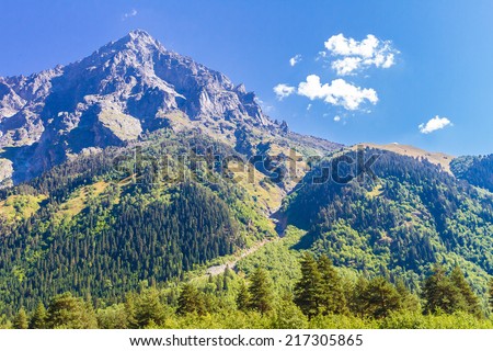 Beautiful view of alpine meadows. Upper Svaneti, Georgia, Europe. Caucasus mountains.