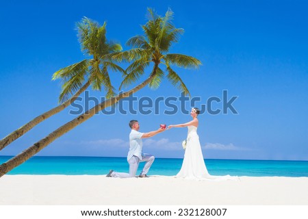 young loving couple bride and groom, on wedding day on tropical sand beach, beach wedding concept