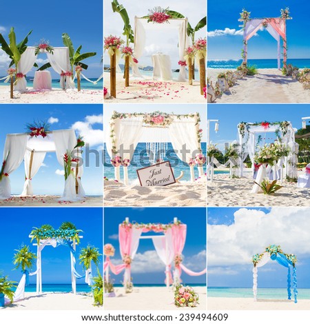 beautiful wedding arch, cabana, beach wedding, tropical wedding set up collection set