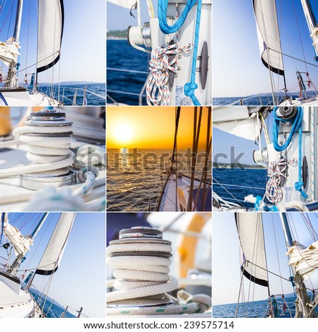 sea yacht, travel by sea, collage, set, collection of summer sail trip
