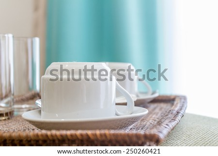 two white mugs for tea or coffee, good morning concept image