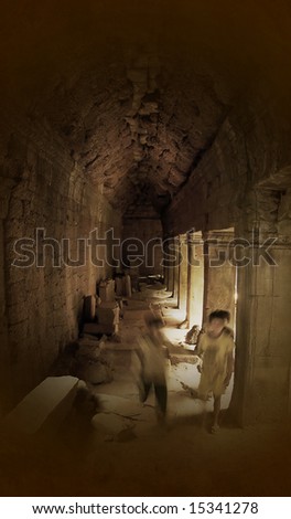 scared children running in old corridor