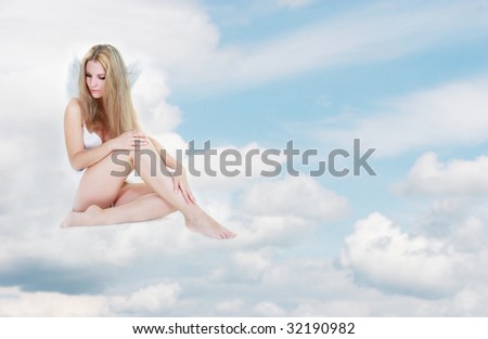 alone sad angel girl sitting on clouds