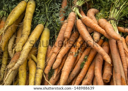 Orange and yellow fresh raw carrots at a market