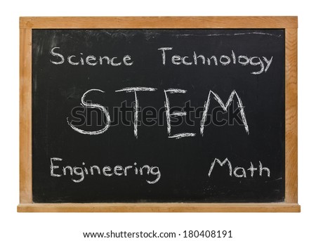 STEM science technology engineering math written in white chalk on a black chalkboard isolated on white - stock photo