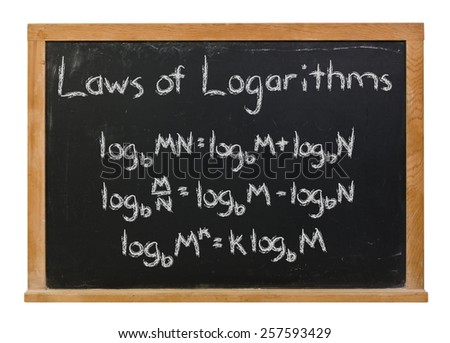 Laws of logarithms written in white chalk on a black chalkboard isolated on white