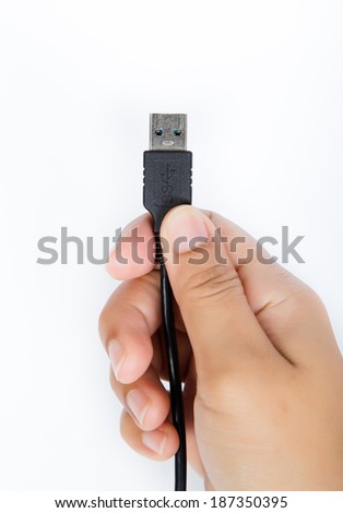 USB port in hand on white isolated.