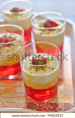 Strawberry Mousse and Custard Dessert with strawberry jelly