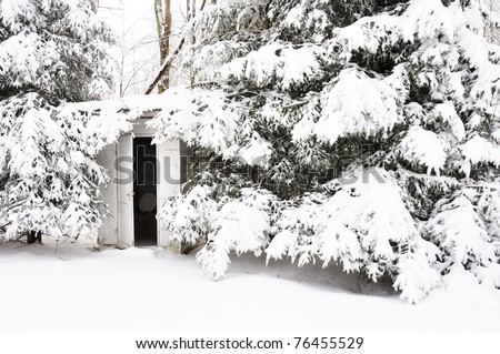 Outhouse for one-room school in a snow-covered landscape, Webster County, Wets Virginia, USA